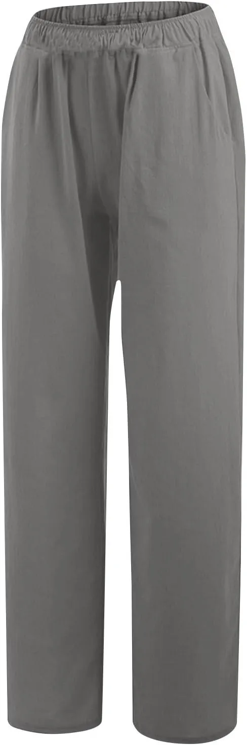 Women's Solid Color Pants Summer Casual Elastic Waist Loose Fit Pants Wide Leg Lounge Long Trousers with Pockets