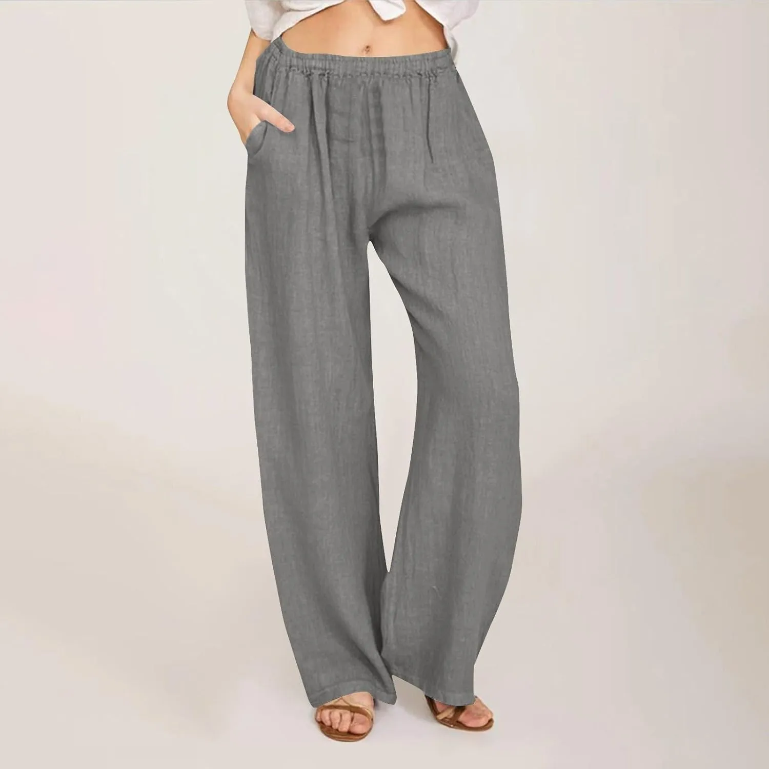Women's Solid Color Pants Summer Casual Elastic Waist Loose Fit Pants Wide Leg Lounge Long Trousers with Pockets