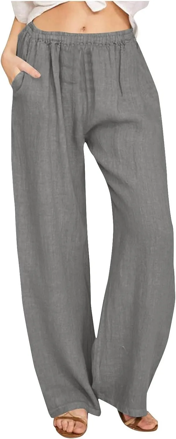 Women's Solid Color Pants Summer Casual Elastic Waist Loose Fit Pants Wide Leg Lounge Long Trousers with Pockets