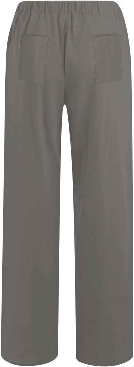 Women's Solid Color Pants Summer Casual Elastic Waist Loose Fit Pants Wide Leg Lounge Long Trousers with Pockets