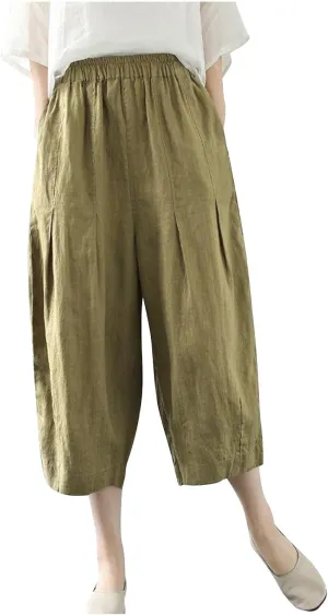Womens Solid Pants Linen Cotton High Waisted Wide Leg Capris Pant Summer Casual Trousers with Pockets