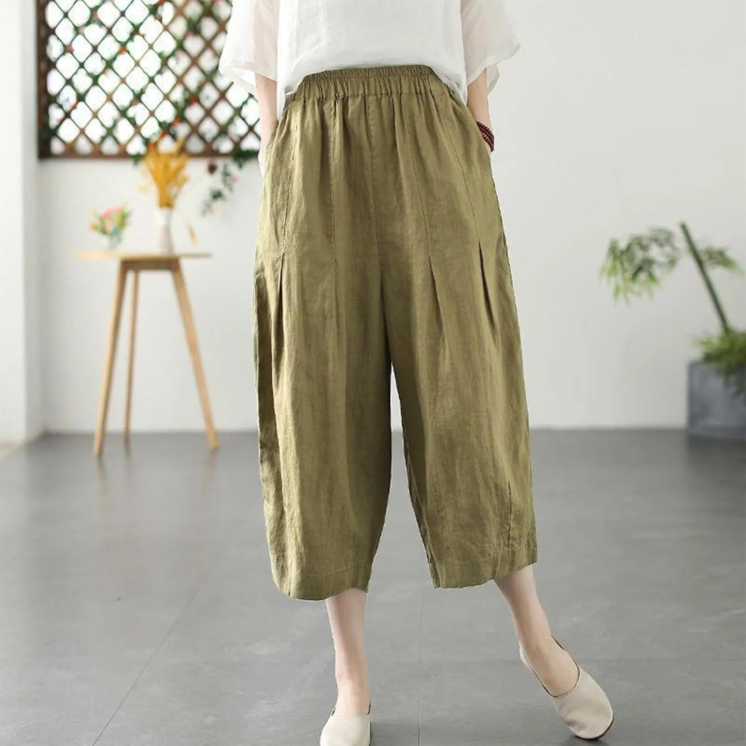 Womens Solid Pants Linen Cotton High Waisted Wide Leg Capris Pant Summer Casual Trousers with Pockets