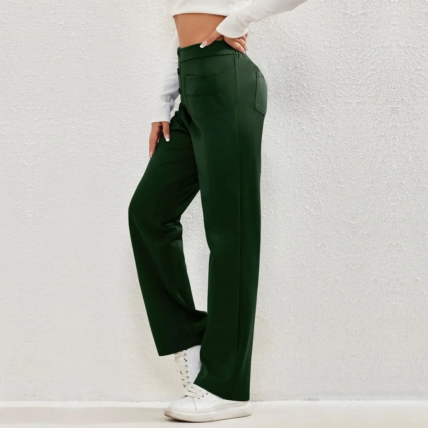 Women's Straight Leg Dress Pants Fahion 2024 High Waisted Button Down Stretchy Business Work Trousers with Pockets