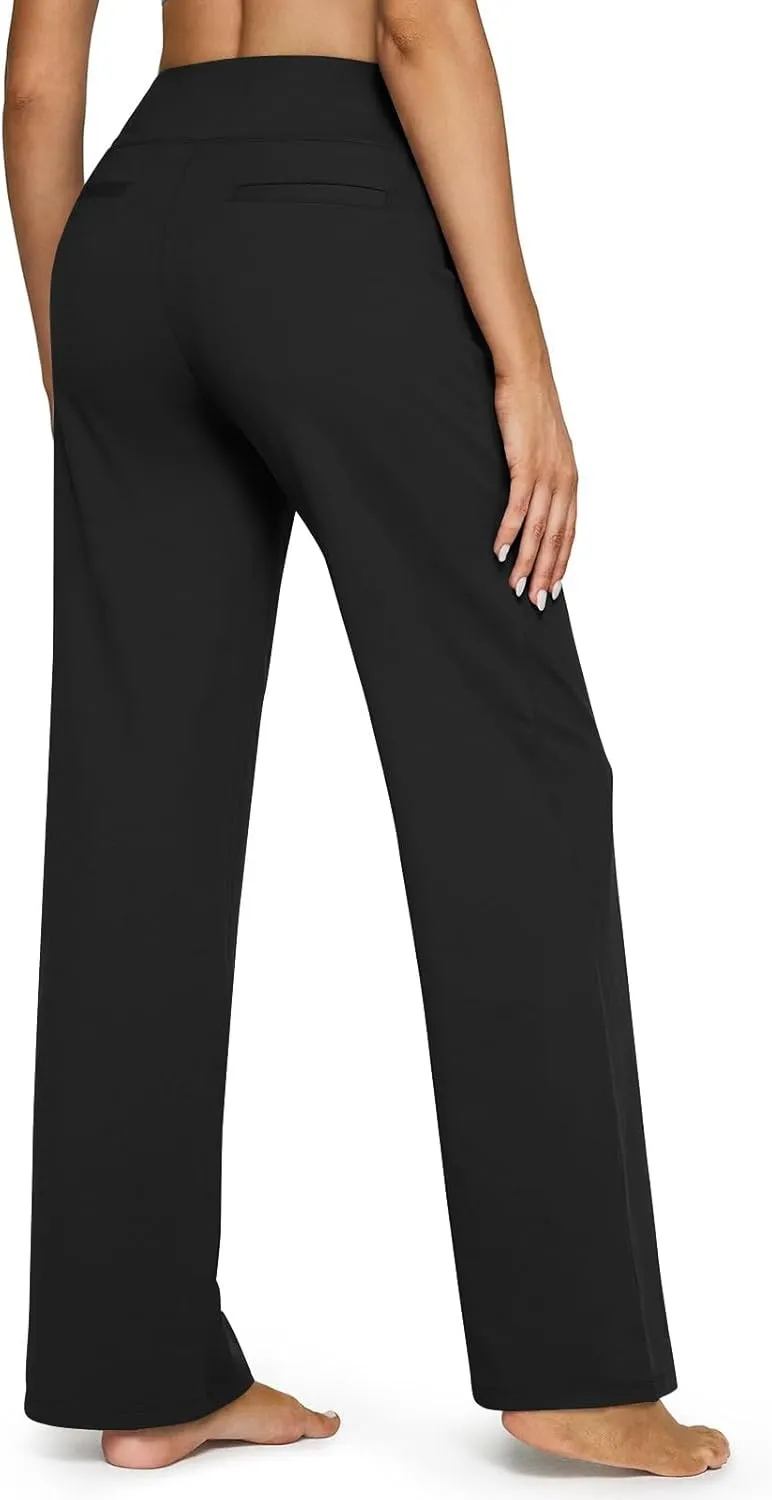 Women's Straight Leg Yoga Pants with Pockets High Waist Office Work Stretch Dress Pants Baggy Trouser Sweatpants