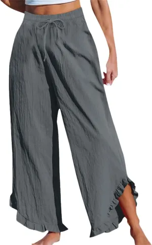 Womens Summer Cotton Linen Lightweight Pants Solid Color Wide Leg Palazzo Trousers Drawstring Waist Pant with Pockets