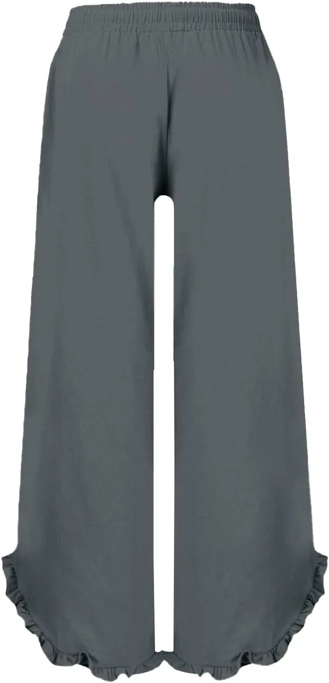 Womens Summer Cotton Linen Lightweight Pants Solid Color Wide Leg Palazzo Trousers Drawstring Waist Pant with Pockets