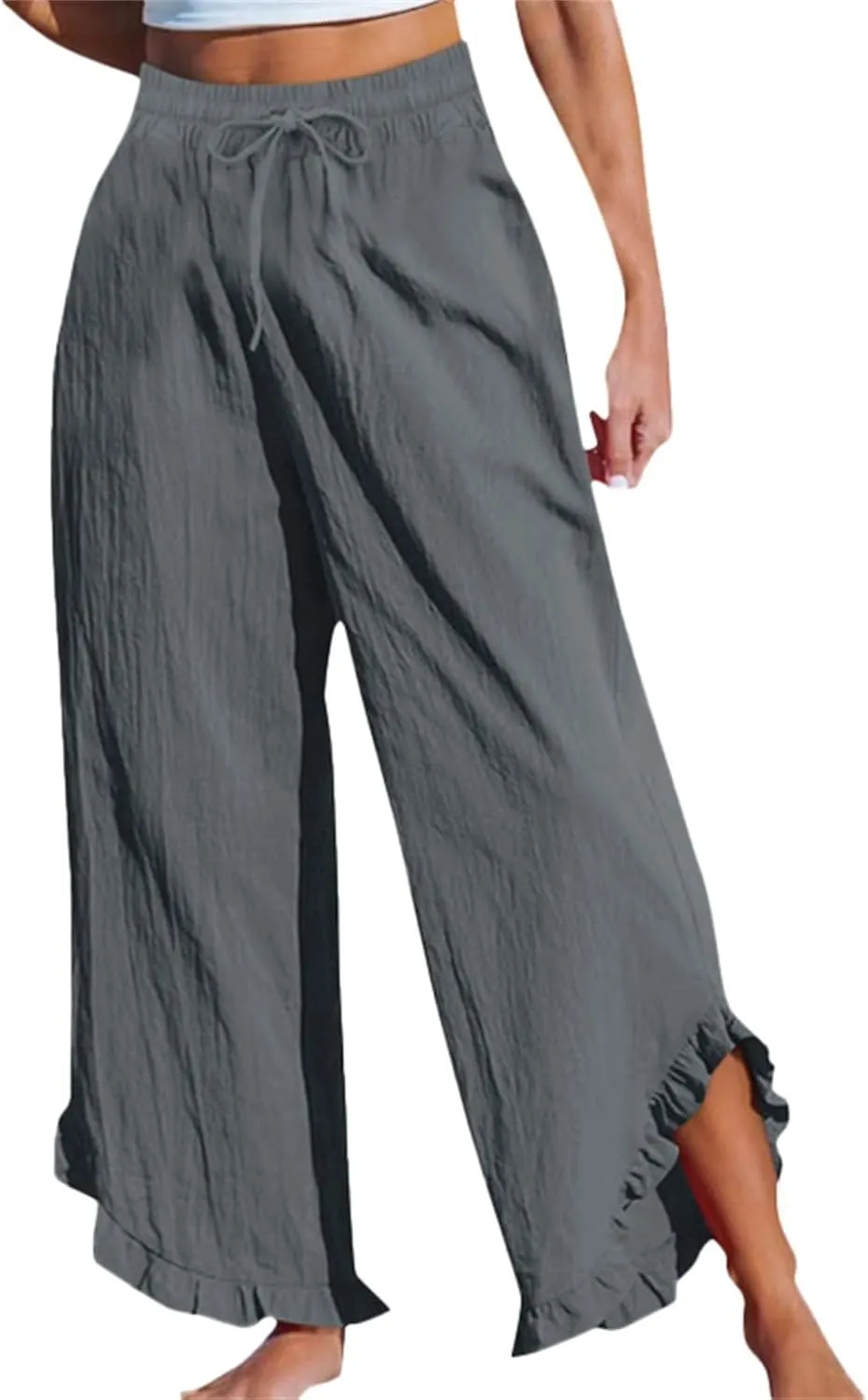 Womens Summer Cotton Linen Lightweight Pants Solid Color Wide Leg Palazzo Trousers Drawstring Waist Pant with Pockets