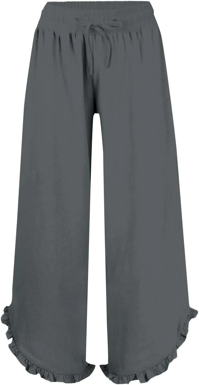Womens Summer Cotton Linen Lightweight Pants Solid Color Wide Leg Palazzo Trousers Drawstring Waist Pant with Pockets