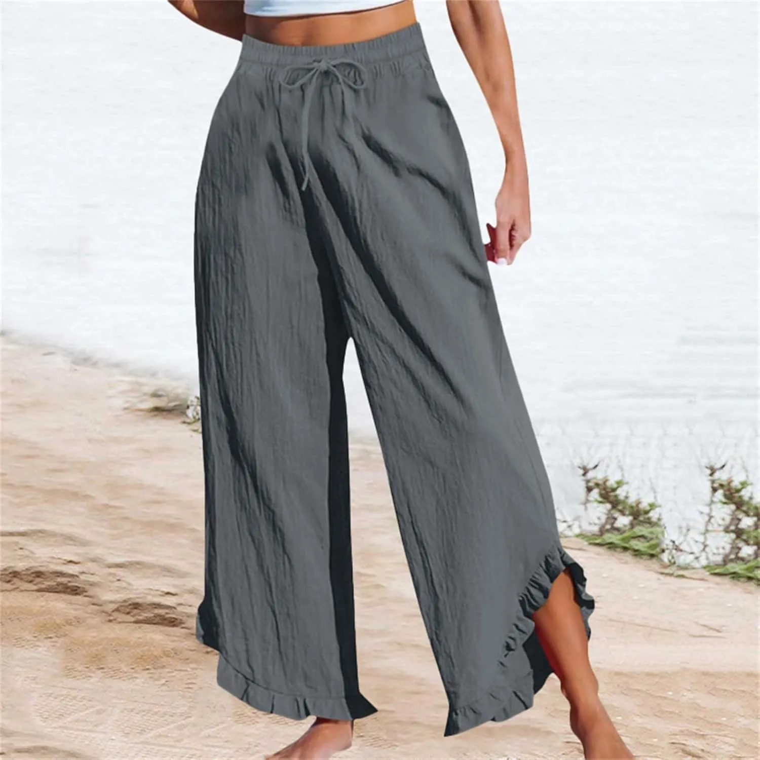 Womens Summer Cotton Linen Lightweight Pants Solid Color Wide Leg Palazzo Trousers Drawstring Waist Pant with Pockets