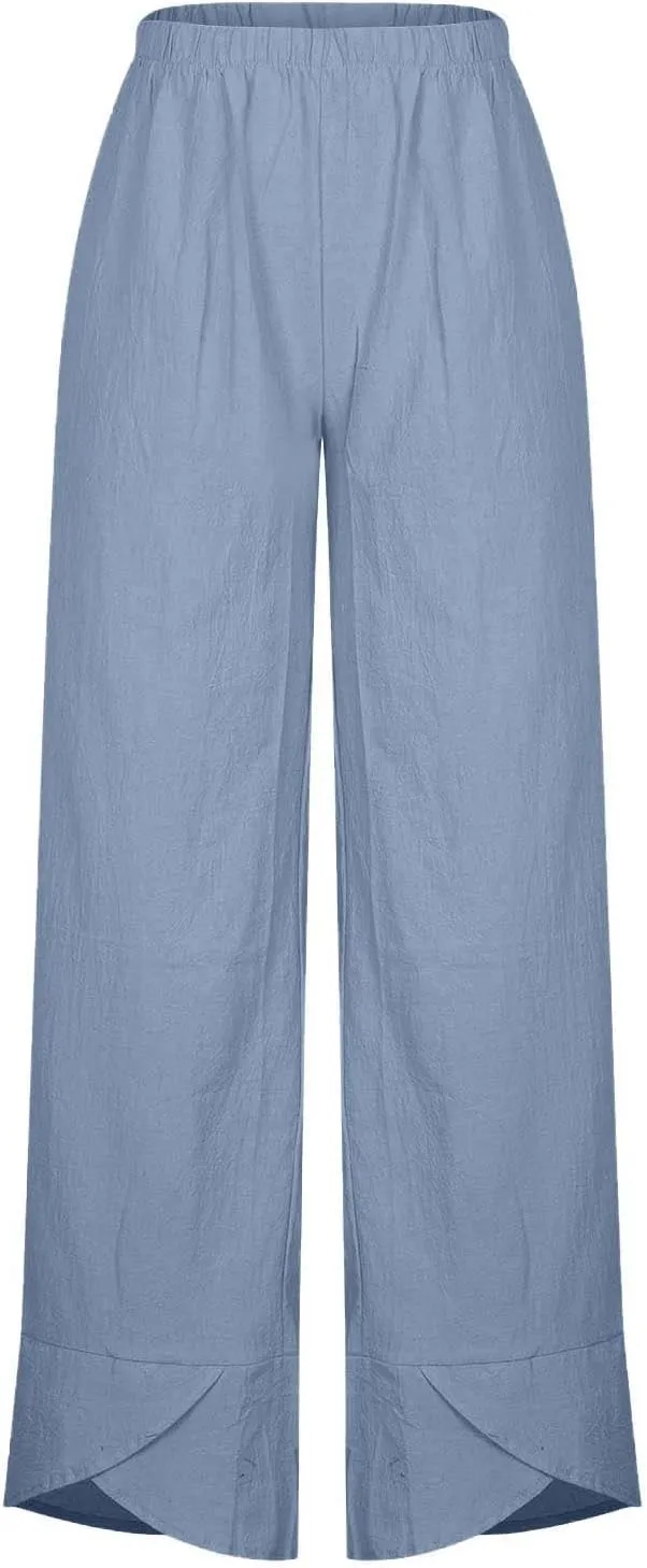 Womens Summer Cotton Linen Pants Trendy 2024 Elastic High Waist Casual Beach Pants Loose Cropped Lounge Trousers