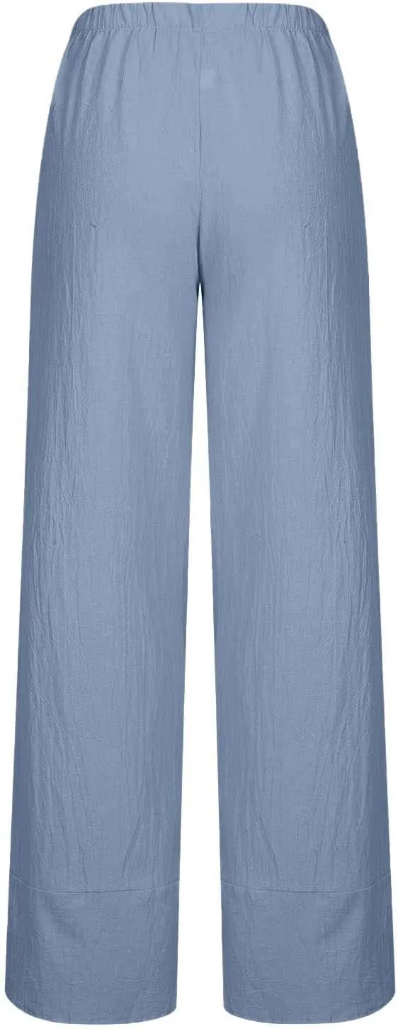 Womens Summer Cotton Linen Pants Trendy 2024 Elastic High Waist Casual Beach Pants Loose Cropped Lounge Trousers