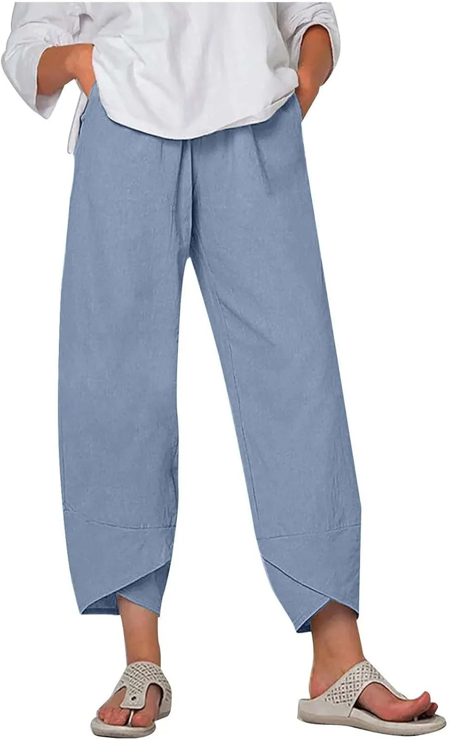 Womens Summer Cotton Linen Pants Trendy 2024 Elastic High Waist Casual Beach Pants Loose Cropped Lounge Trousers