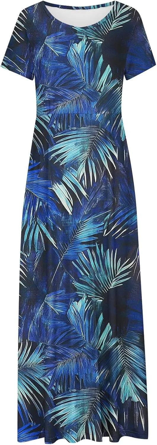 Womens Summer Empire Waist Maxi Dress with Pockets Casual Dressy Short Sleeve Floral Sundress Holiday Long Dresses