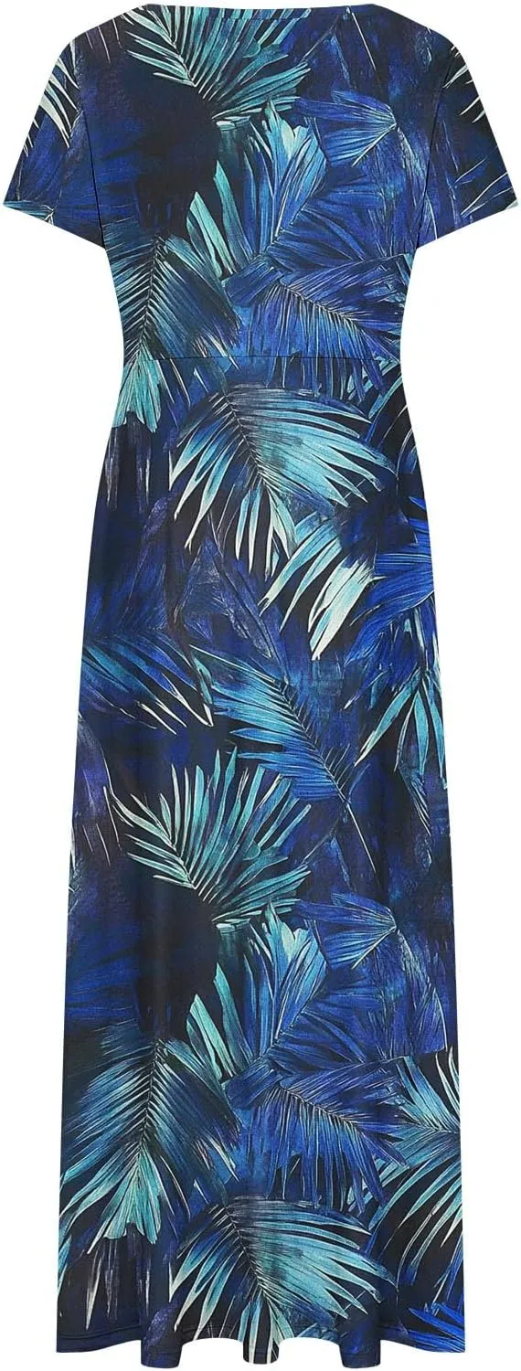 Womens Summer Empire Waist Maxi Dress with Pockets Casual Dressy Short Sleeve Floral Sundress Holiday Long Dresses
