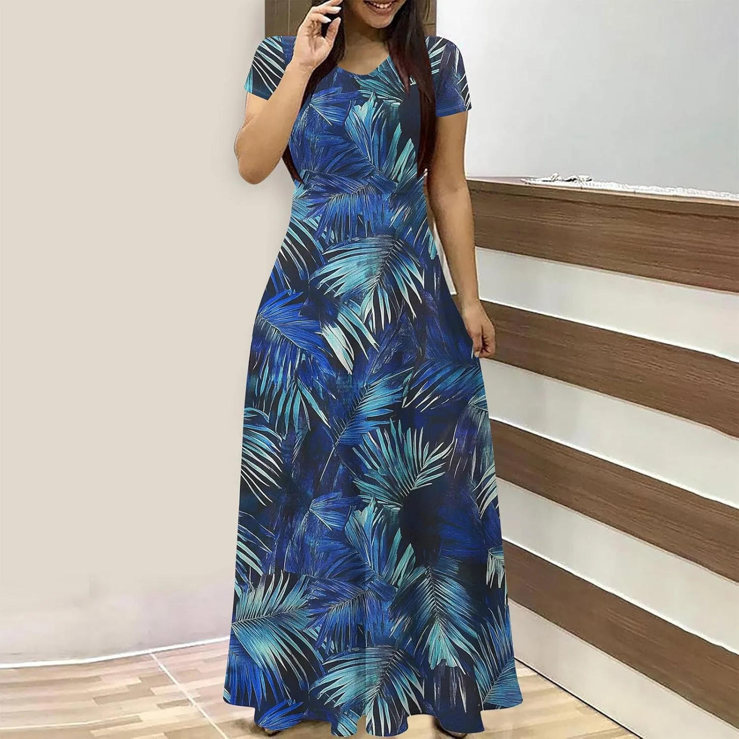 Womens Summer Empire Waist Maxi Dress with Pockets Casual Dressy Short Sleeve Floral Sundress Holiday Long Dresses