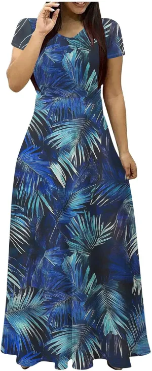 Womens Summer Empire Waist Maxi Dress with Pockets Casual Dressy Short Sleeve Floral Sundress Holiday Long Dresses