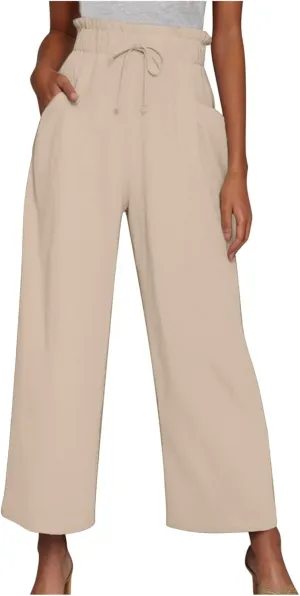 Womens Summer Fashion Cotton Linen Pants Solid Work Casual High Waist Loose Fit Drawstring Trousers with Pockets