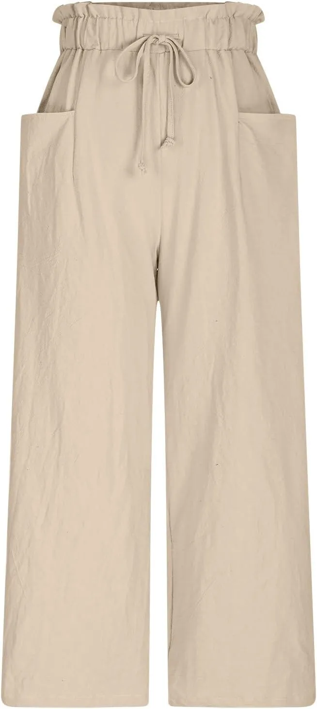 Womens Summer Fashion Cotton Linen Pants Solid Work Casual High Waist Loose Fit Drawstring Trousers with Pockets