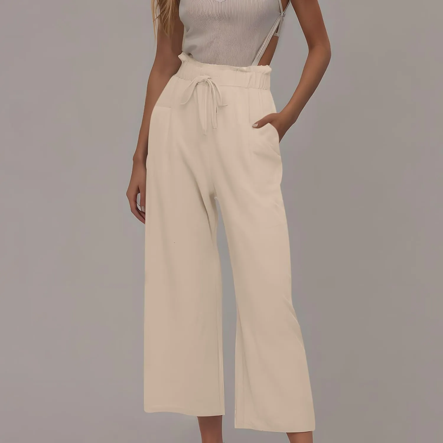 Womens Summer Fashion Cotton Linen Pants Solid Work Casual High Waist Loose Fit Drawstring Trousers with Pockets