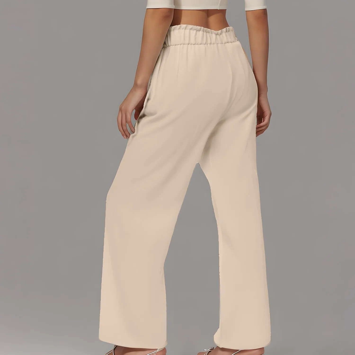 Womens Summer Fashion Cotton Linen Pants Solid Work Casual High Waist Loose Fit Drawstring Trousers with Pockets