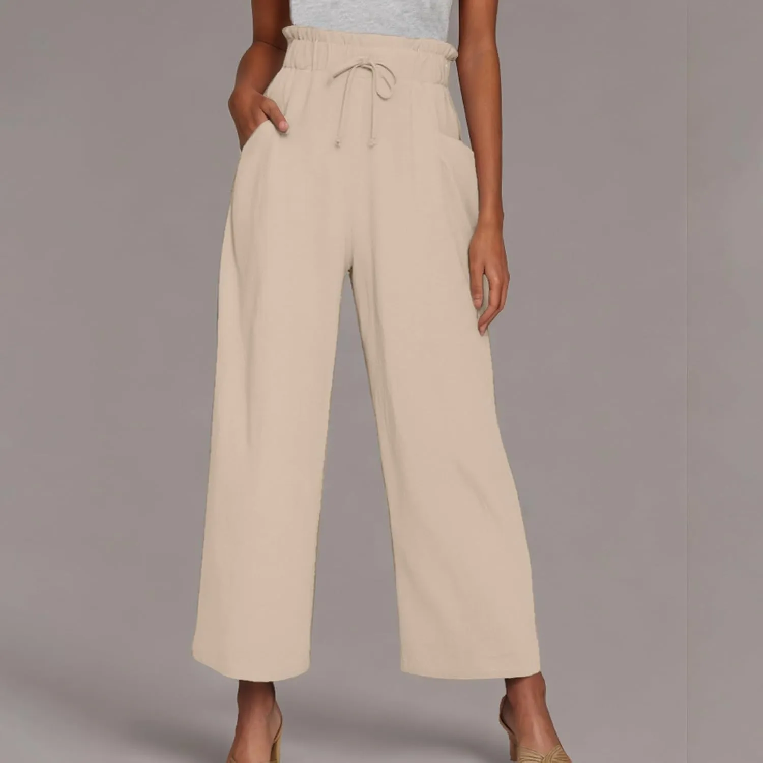 Womens Summer Fashion Cotton Linen Pants Solid Work Casual High Waist Loose Fit Drawstring Trousers with Pockets