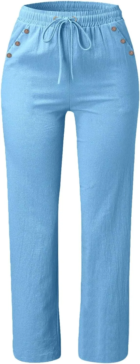 Womens Summer Fashion Linen Cotton Pants Straight Wide Leg Drawstring Long Pants Lounge Beach Trousers Outfits