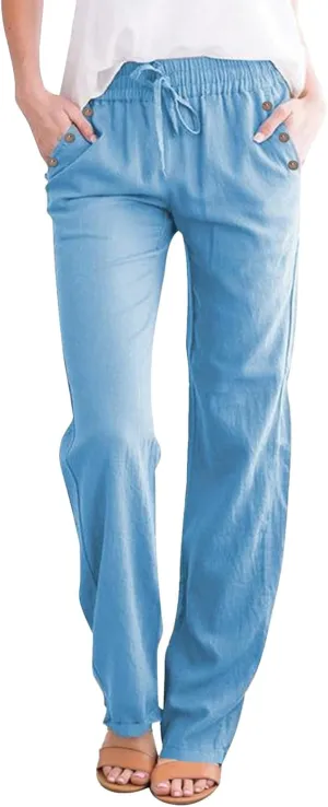 Womens Summer Fashion Linen Cotton Pants Straight Wide Leg Drawstring Long Pants Lounge Beach Trousers Outfits
