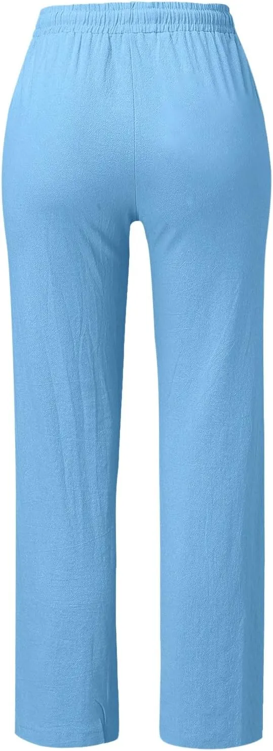 Womens Summer Fashion Linen Cotton Pants Straight Wide Leg Drawstring Long Pants Lounge Beach Trousers Outfits