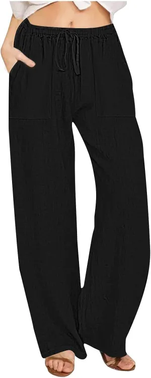 Women's Summer Linen Pants Flowy Wide Leg Long Lounge Pant Drawstring Trousers Business Casual Joggers Slacks Pockets