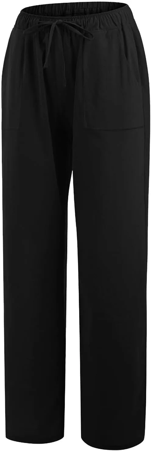 Women's Summer Linen Pants Flowy Wide Leg Long Lounge Pant Drawstring Trousers Business Casual Joggers Slacks Pockets