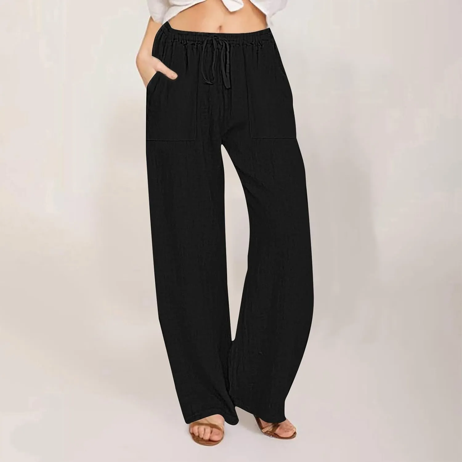 Women's Summer Linen Pants Flowy Wide Leg Long Lounge Pant Drawstring Trousers Business Casual Joggers Slacks Pockets