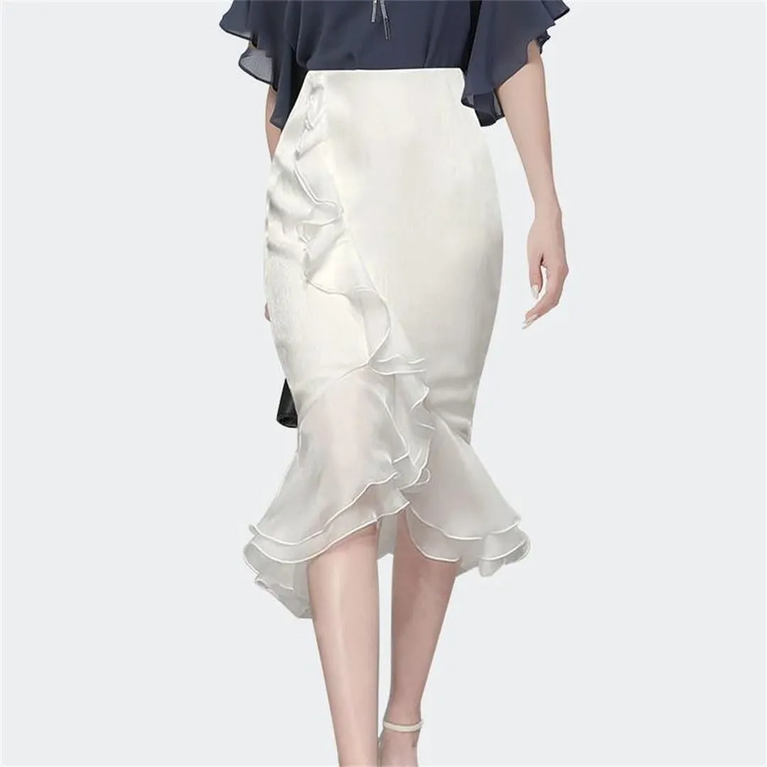 Women's Summer Ruffle Satin High Waist Ruffle Midi Skirt Solid Color Fishtail Skirt