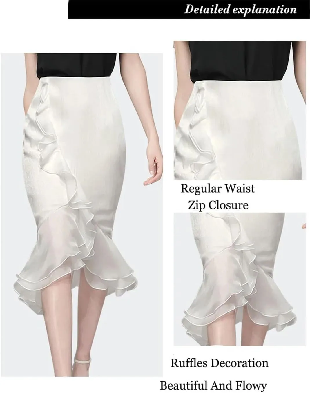 Women's Summer Ruffle Satin High Waist Ruffle Midi Skirt Solid Color Fishtail Skirt