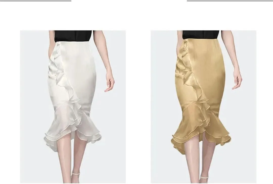 Women's Summer Ruffle Satin High Waist Ruffle Midi Skirt Solid Color Fishtail Skirt