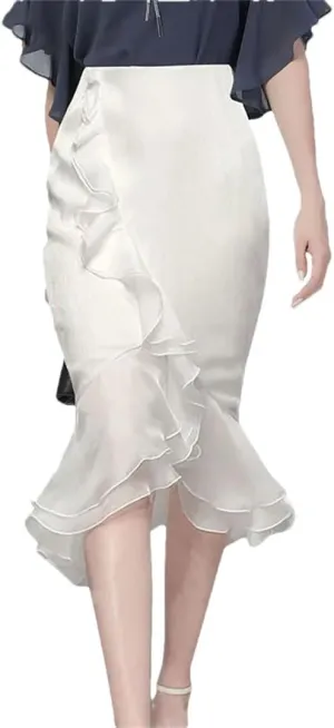 Women's Summer Ruffle Satin High Waist Ruffle Midi Skirt Solid Color Fishtail Skirt