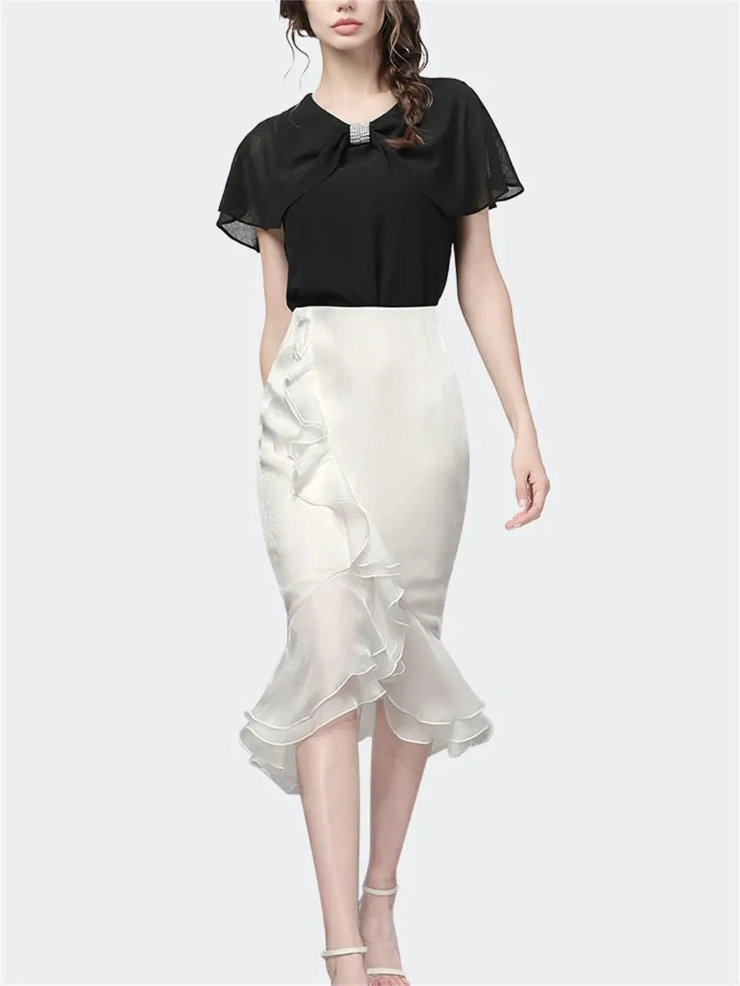 Women's Summer Ruffle Satin High Waist Ruffle Midi Skirt Solid Color Fishtail Skirt