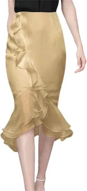 Women's Summer Ruffle Satin High Waist Ruffle Midi Skirt Solid Color Fishtail Skirt