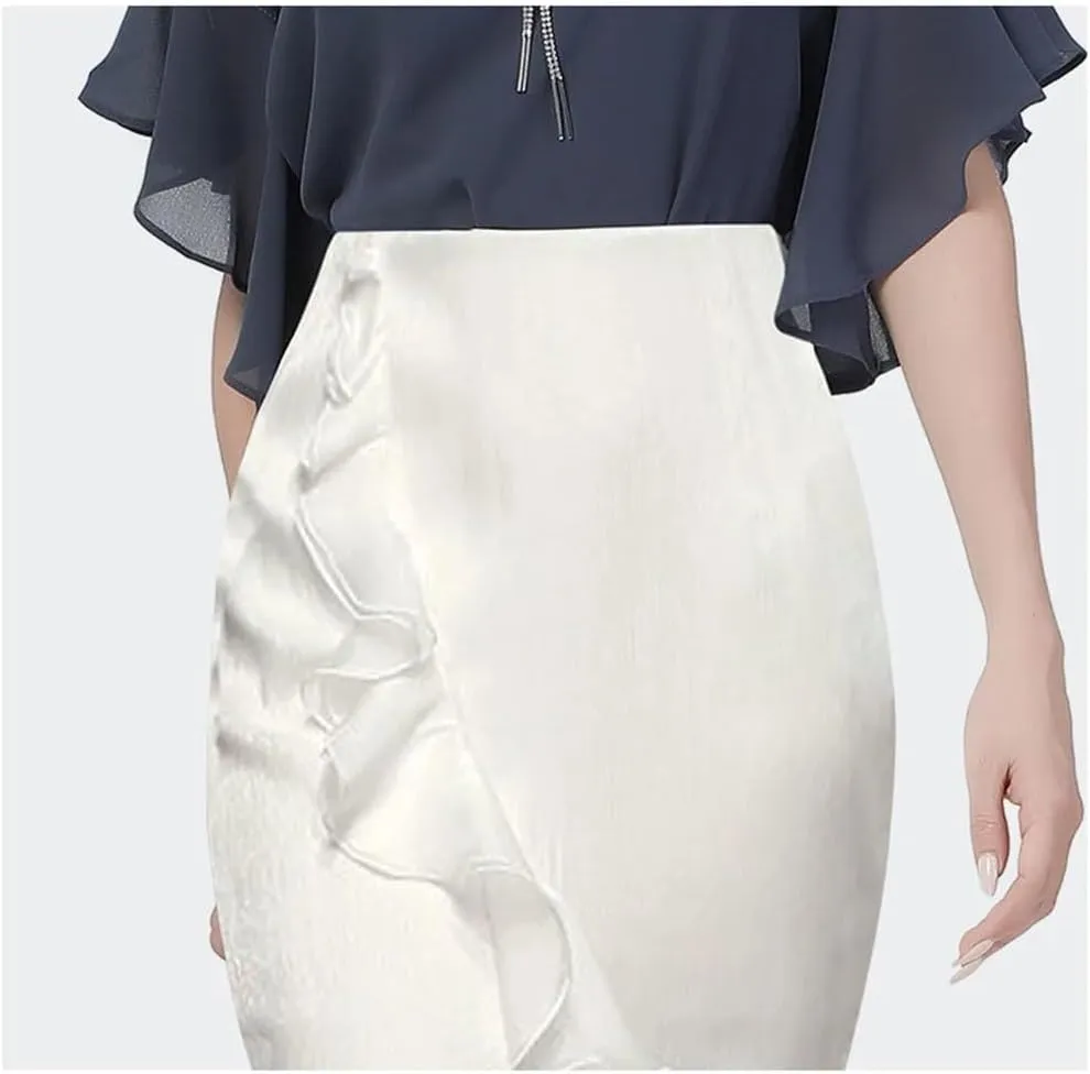 Women's Summer Ruffle Satin High Waist Ruffle Midi Skirt Solid Color Fishtail Skirt