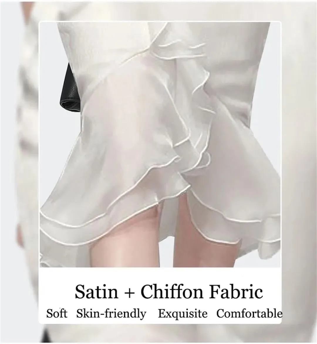 Women's Summer Ruffle Satin High Waist Ruffle Midi Skirt Solid Color Fishtail Skirt