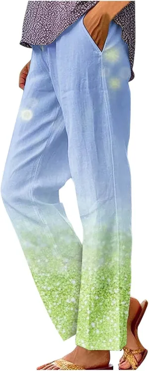 Womens Trendy Printed Linen Pants Summer High Elastic Waisted Long Pants Casual Straight Leg Trousers with Pockets