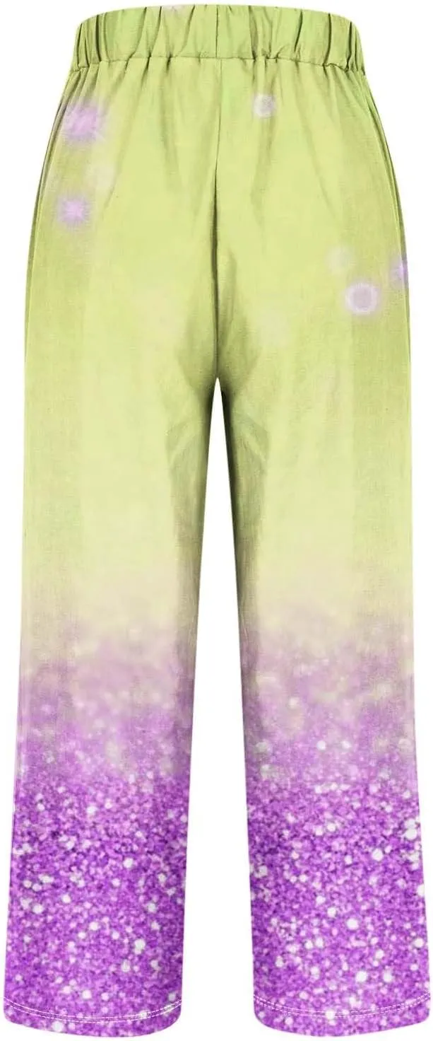 Womens Trendy Printed Linen Pants Summer High Elastic Waisted Long Pants Casual Straight Leg Trousers with Pockets