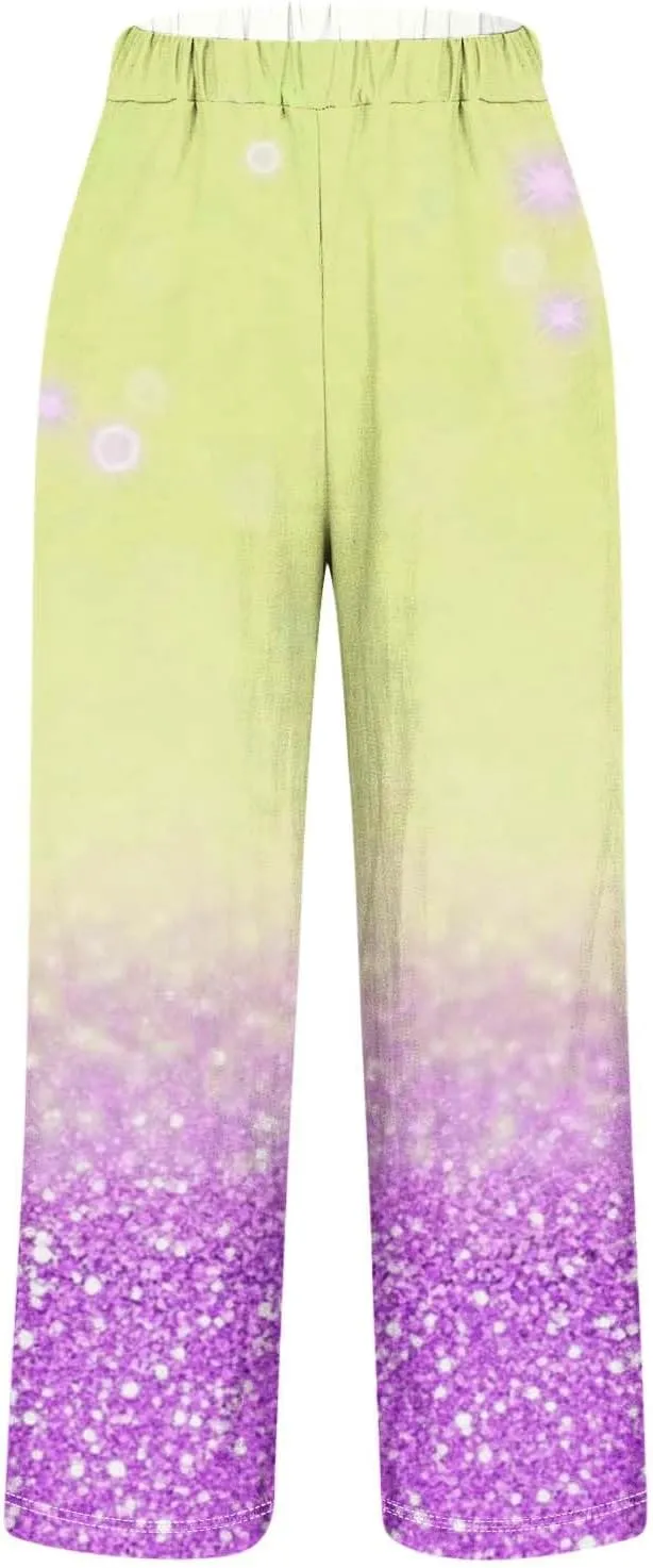 Womens Trendy Printed Linen Pants Summer High Elastic Waisted Long Pants Casual Straight Leg Trousers with Pockets