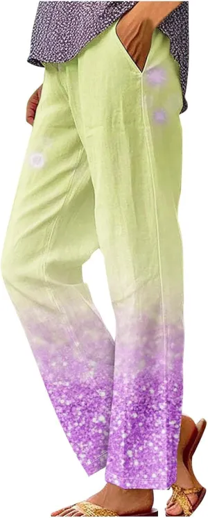 Womens Trendy Printed Linen Pants Summer High Elastic Waisted Long Pants Casual Straight Leg Trousers with Pockets