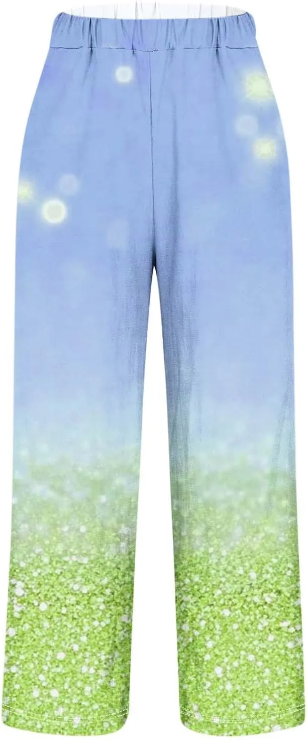 Womens Trendy Printed Linen Pants Summer High Elastic Waisted Long Pants Casual Straight Leg Trousers with Pockets