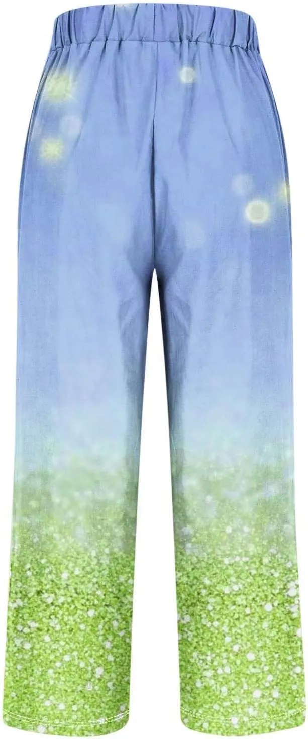 Womens Trendy Printed Linen Pants Summer High Elastic Waisted Long Pants Casual Straight Leg Trousers with Pockets