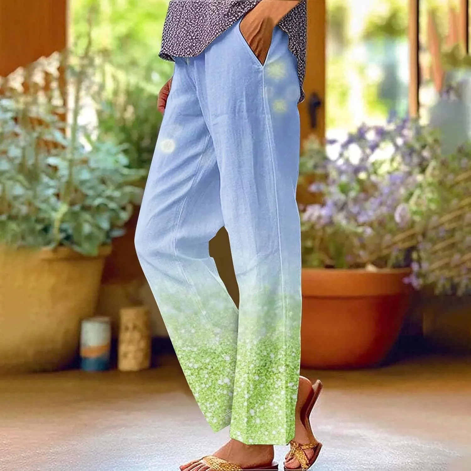Womens Trendy Printed Linen Pants Summer High Elastic Waisted Long Pants Casual Straight Leg Trousers with Pockets