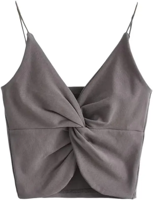 Womens Twist Front Wrap Cropped Cami Tank Tops Spaghetti Strap Double Layer Rib Knit Camisole
