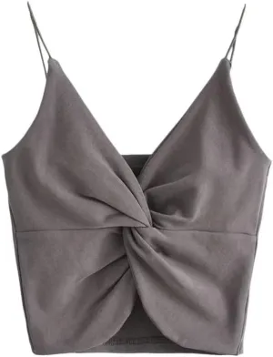 Womens Twist Front Wrap Cropped Cami Tank Tops Spaghetti Strap Double Layer Rib Knit Camisole