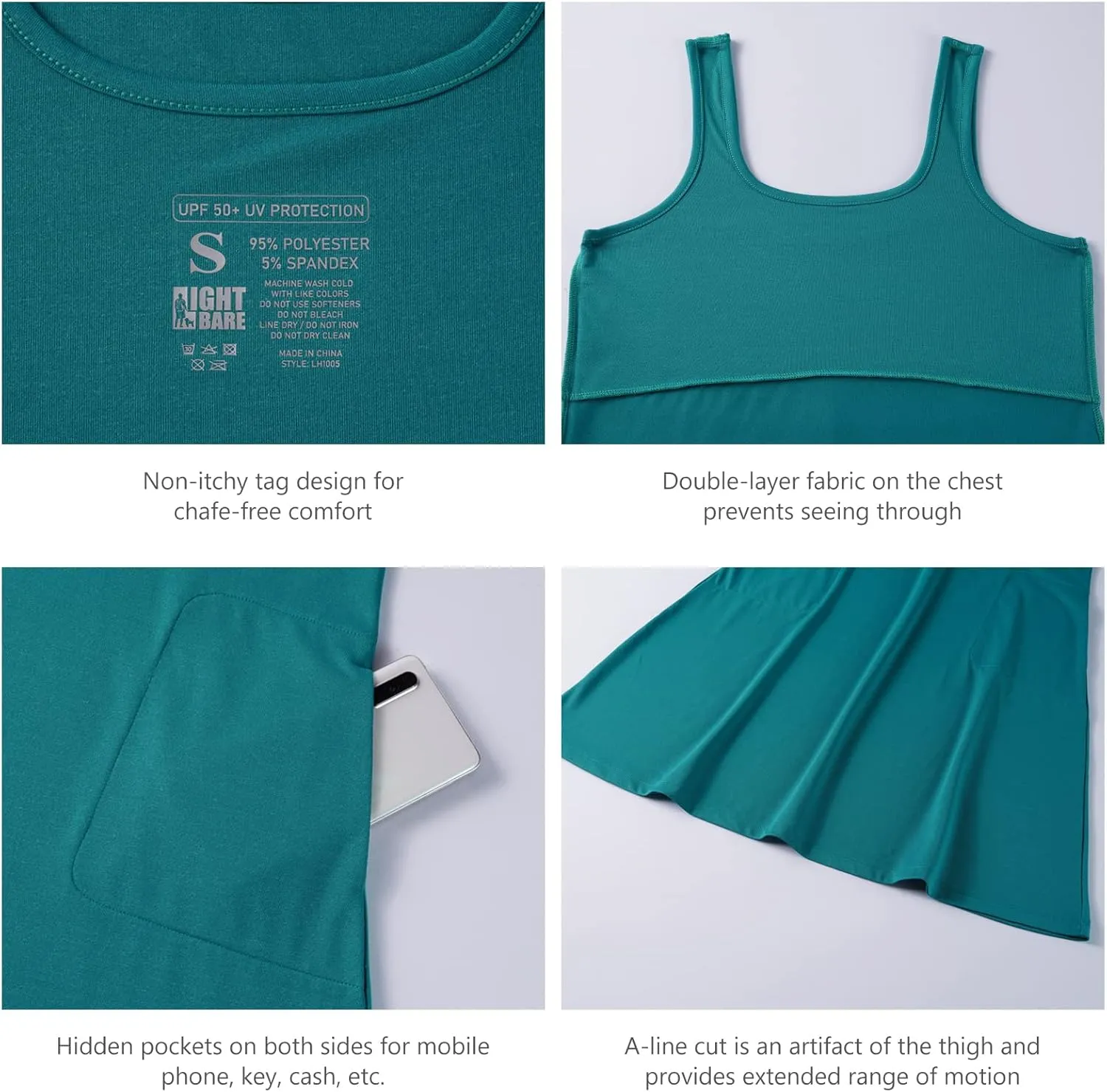 Womens UPF 50  Tank Dress A-Line with Pockets Breathable Quick Dry Sun Protection for Hiking Camping Beach Outdoor