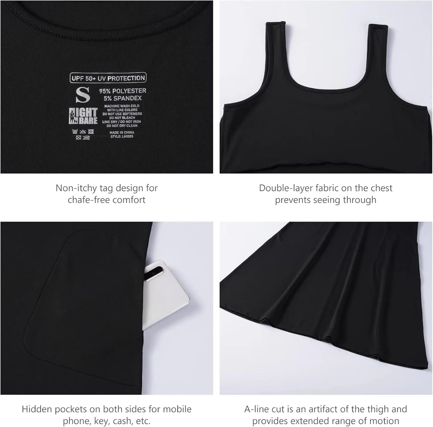 Womens UPF 50  Tank Dress A-Line with Pockets Breathable Quick Dry Sun Protection for Hiking Camping Beach Outdoor